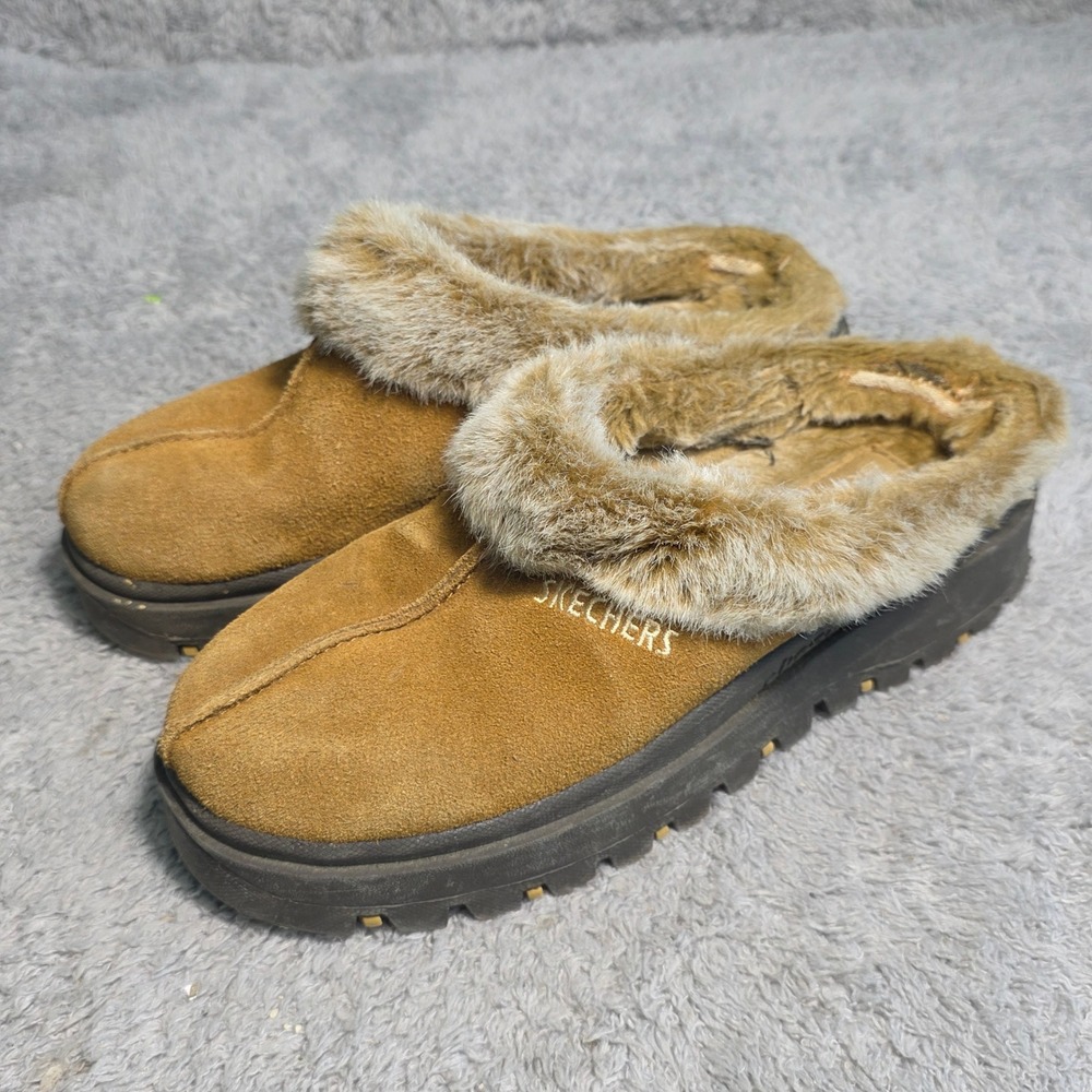 Skechers Mules Shoes Winter Tan Suede Faux Fur Trim Platform‎ Lug Sole Women 8